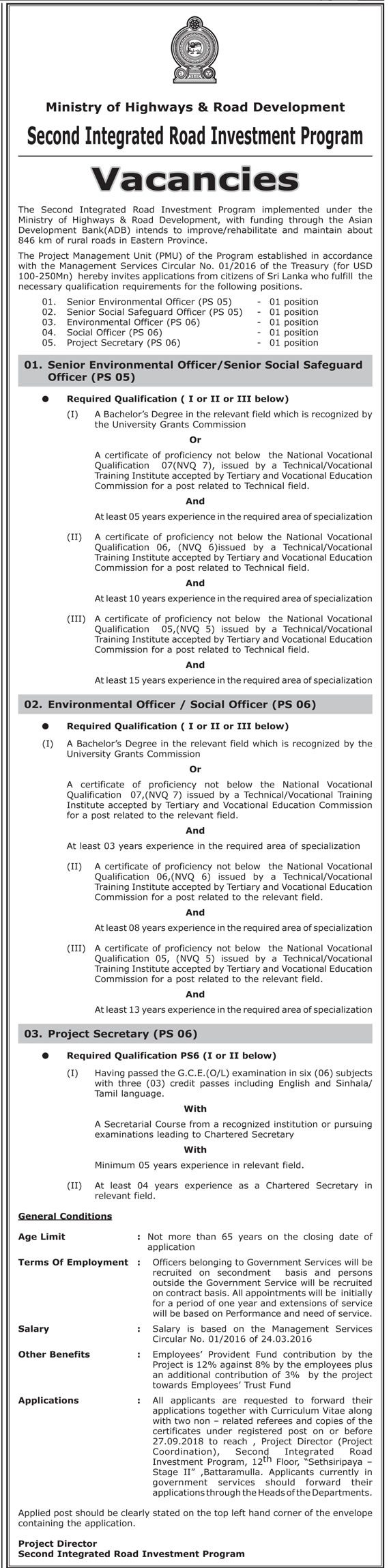 Senior Environmental Officer, Senior Social Safeguard Officer, Environmental Officer, Social Officer, Project Secretary - Ministry of Highways & Road Development 